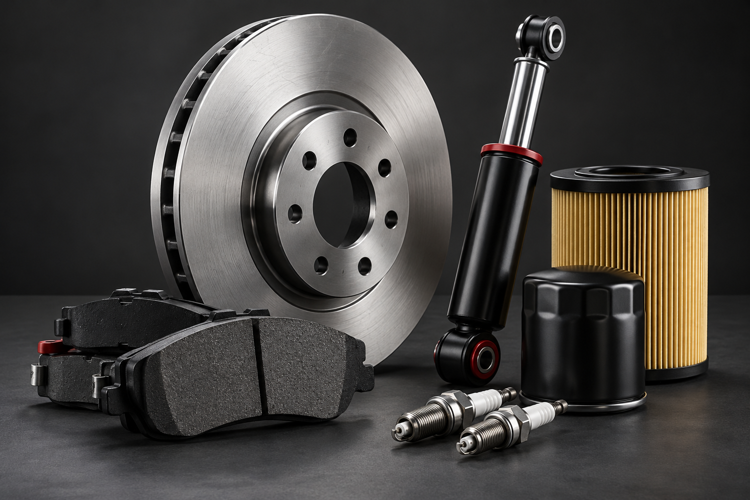 Automotive brake rotor, filters, suspension and spark plugs in a graphite studio